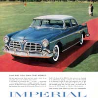 1955 Imperial advertisement, blue car on golf course.