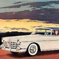1955 Imperial advertisement, white car with sunrise/sunset.