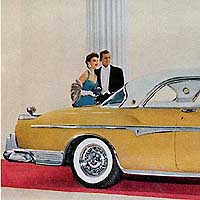 1955 Imperial advertisement, yellow car with columns.