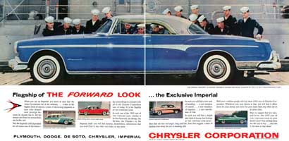 1955 Imperial ad, blue car with Navy sailors, alongside the USS Salem.