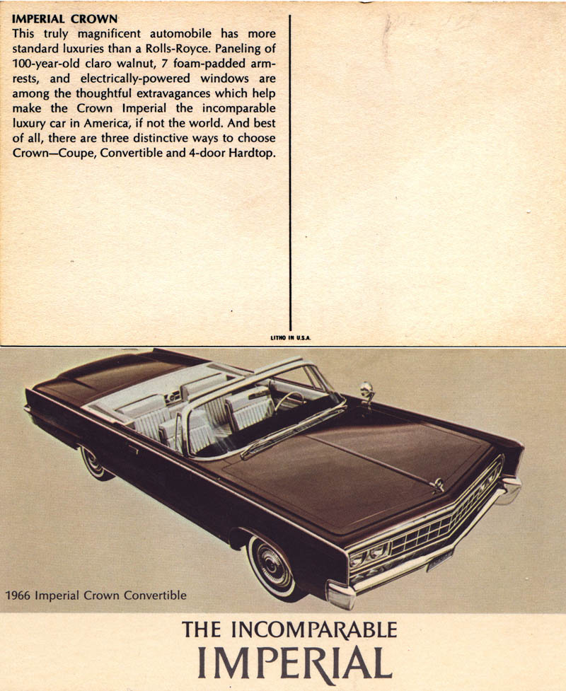 1966 Chrysler Imperial Le Baron 4 Door Automobile Dealer Advertising Postcard 