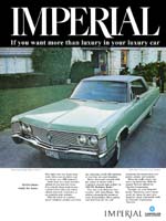 Advertisement, Green 1968 (Chrysler) Imperial Crown four-door hardtop.